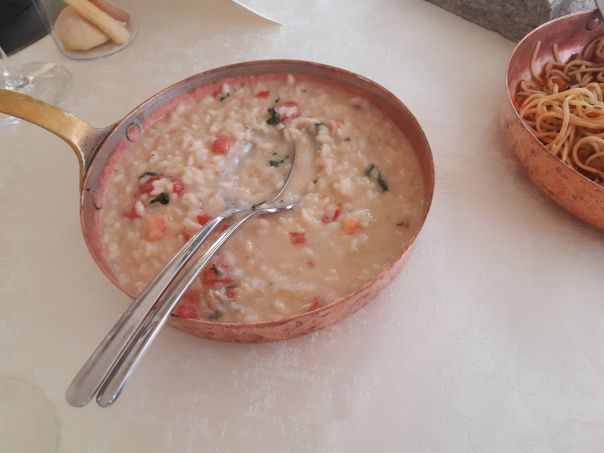 Risotto con prosciutto e crema di #peperoni #rossi gialli #ricetta